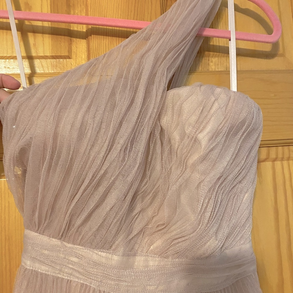 Mink colored one strap chiffon dress.